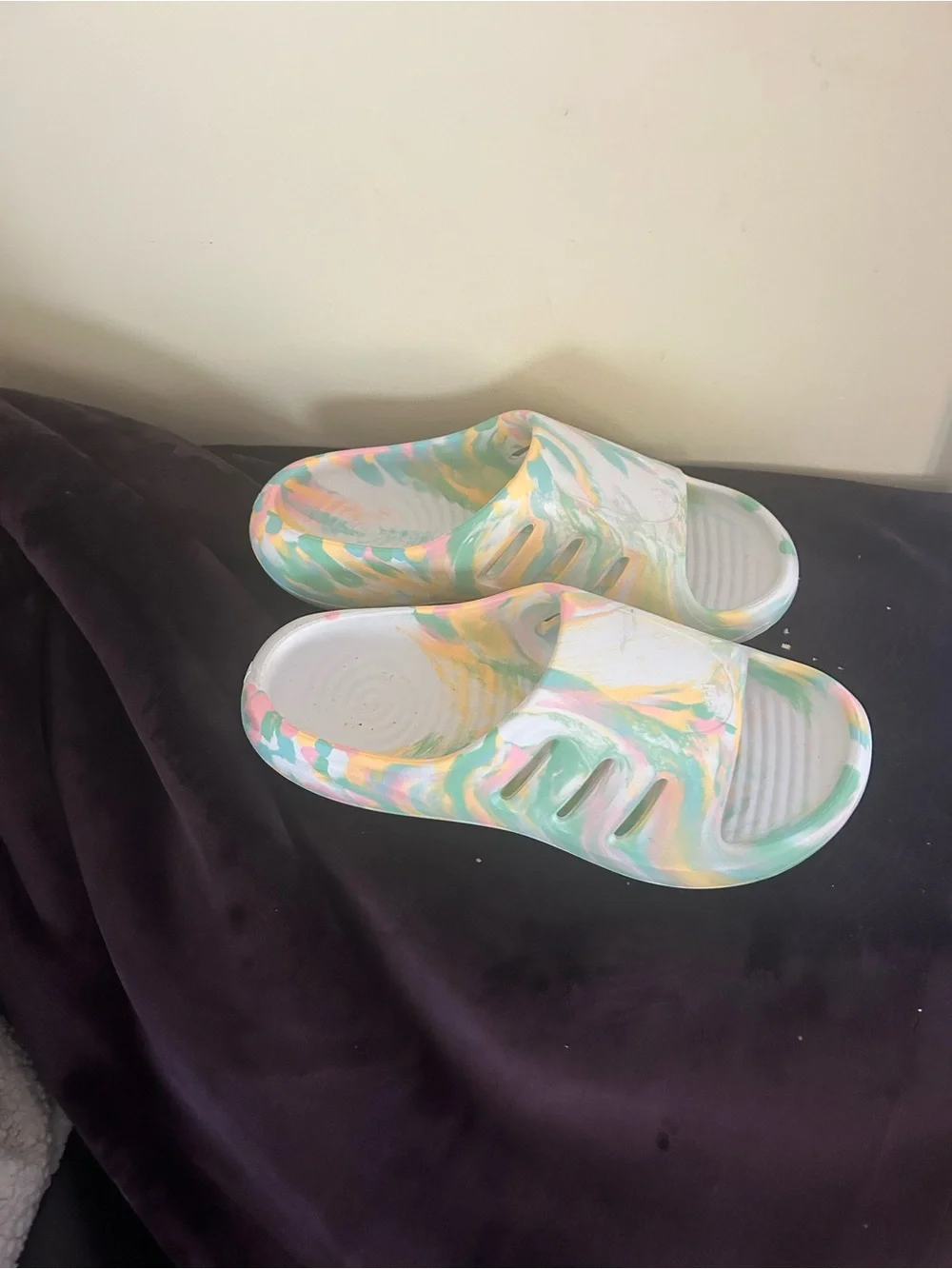 ADIDAS Marble Pastel Slide Sandals - White with Mint, Pink & Yellow